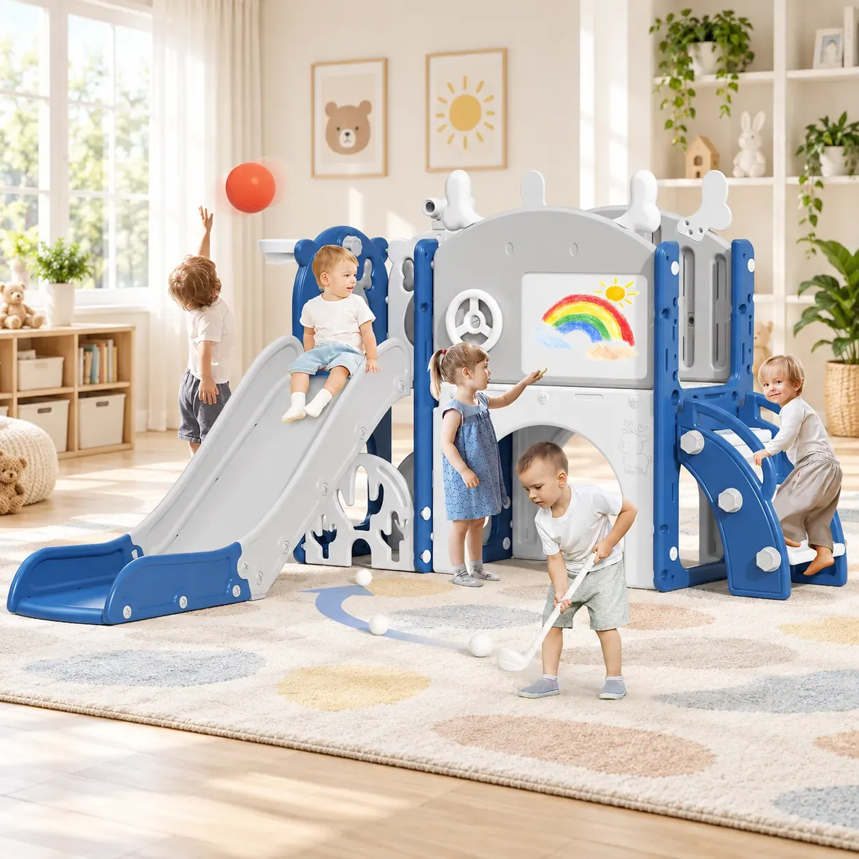 11-in-1 Toddler Slide Set with Golf, Basketball Hoop, Kids Slide for Toddlers Age 1-4, Climber Slip and